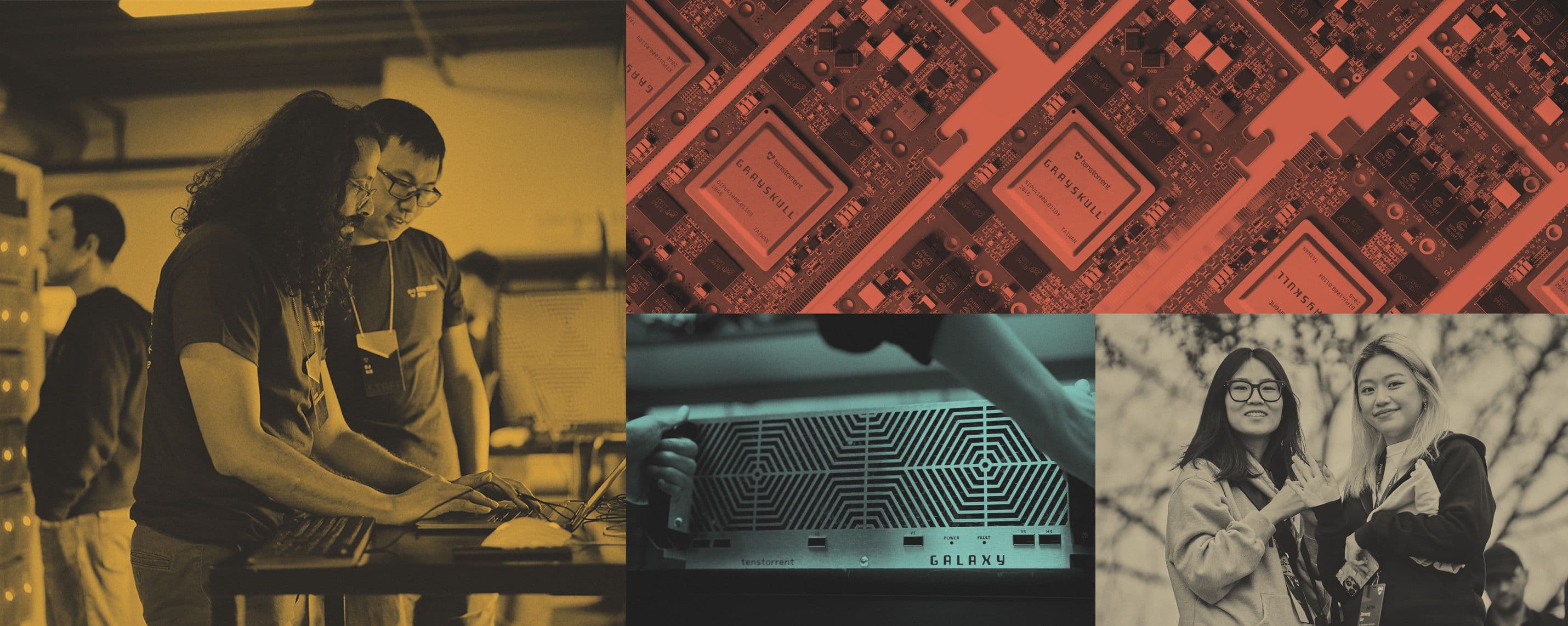 Grid of images. Clockwise from top-right: Stylized image of Tenstorrent chips, stylized image of two people working from laptop, stylized image of Tenstorrent Galaxy, stylized image of two friends sharing a laugh